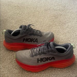 Men’s Hoka Bondi 8 Gray Running shoes with Bright Red-Orange Midsoles